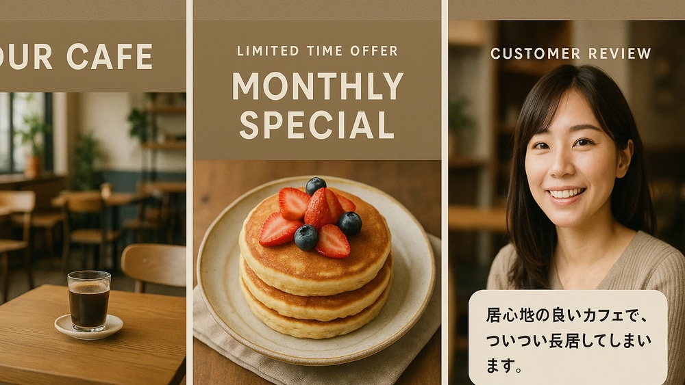 カフェのSNSバナー3枚連動例(店舗紹介・メニュー・レビュー)