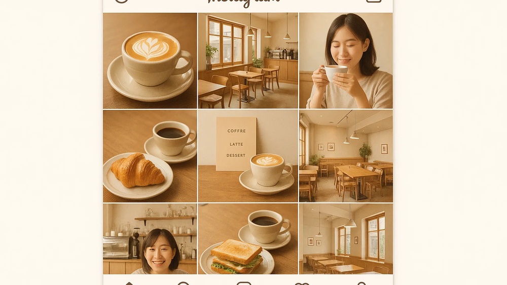 カフェブランドのInstagram投稿9分割例(統一感・ベージュ基調)